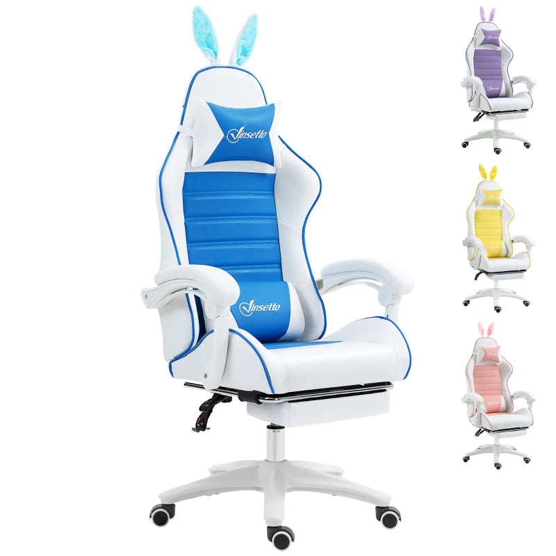 Vinsetto Racing Gaming Chair - Reclining PU Leather with Removable Rabbit Ears, Footrest & Lumbar Support - Blue