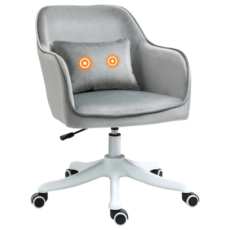 Vinsetto Grey Velvet Office Chair with Massage Lumbar Pillow, Rolling Wheels - Stylish Desk & Makeup Vanity Chair for Home