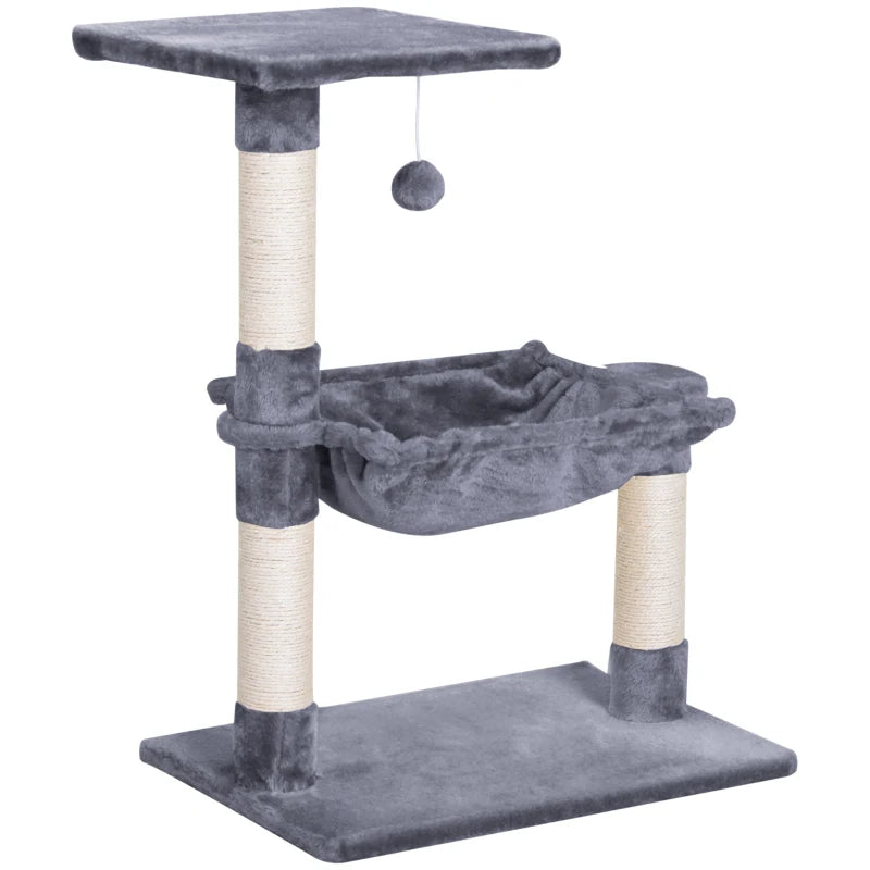Deluxe Cat Scratch Post with Bed & Hammock - Indoor Cat Tree with Sisal Scratching Posts - Grey Kitty Activity Centre