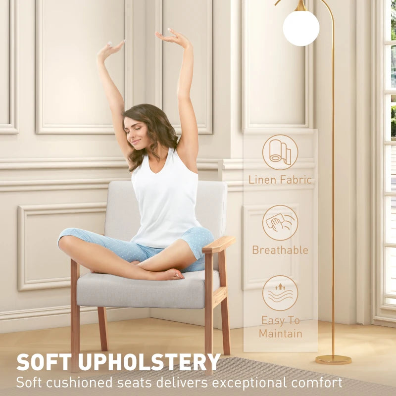 Stylish Cream White Accent Chair with Thick Linen Cushions and Wooden Frame for Home and Office
