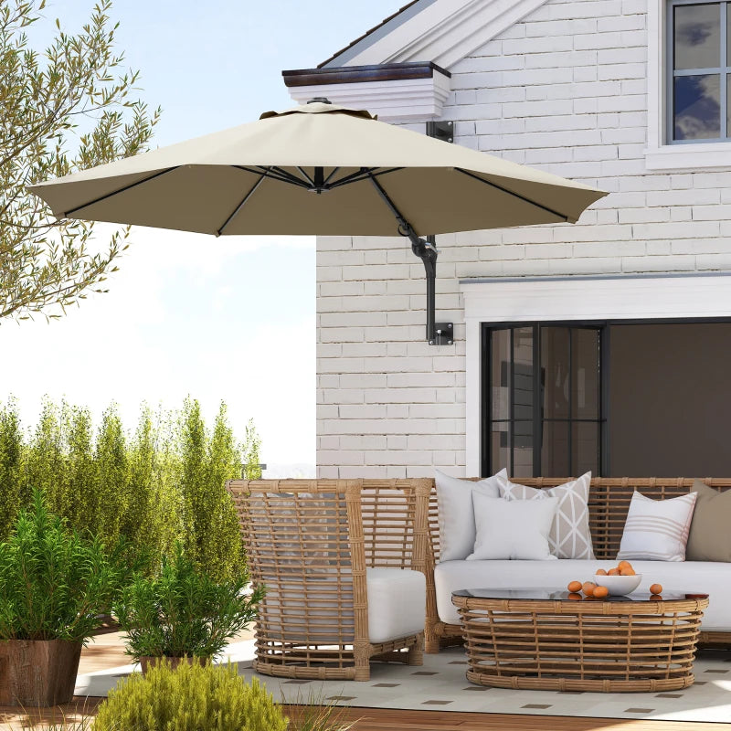 3m Wall-Mounted Parasol Shade with Handle - Outdoor Patio Umbrella in Khaki