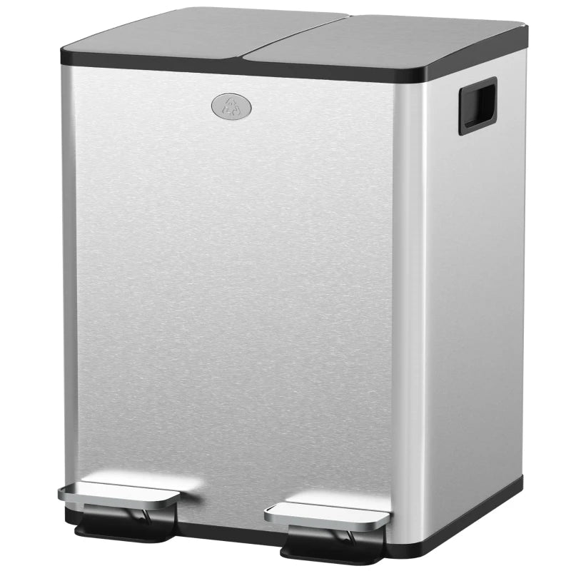 40L Dual Compartment Stainless Steel Trash Bin with Deodoriser Holders - Sleek Silver Tone for Kitchen & Office