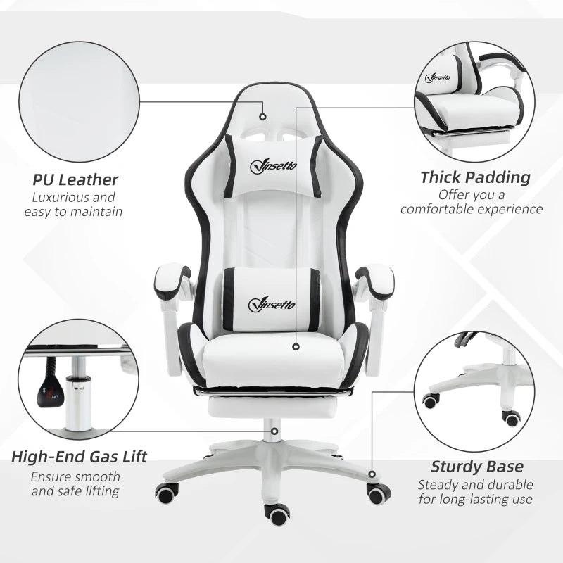 Vinsetto Gaming Chair with Footrest - PU Leather Office Desk Chair, 135° Recline, Lumbar Support, Headrest, White & Black