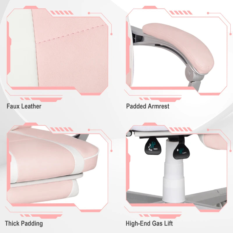 Faux Leather Pink/White Reclining Gaming Chair with Footrest - Ergonomic Comfort for Gamers
