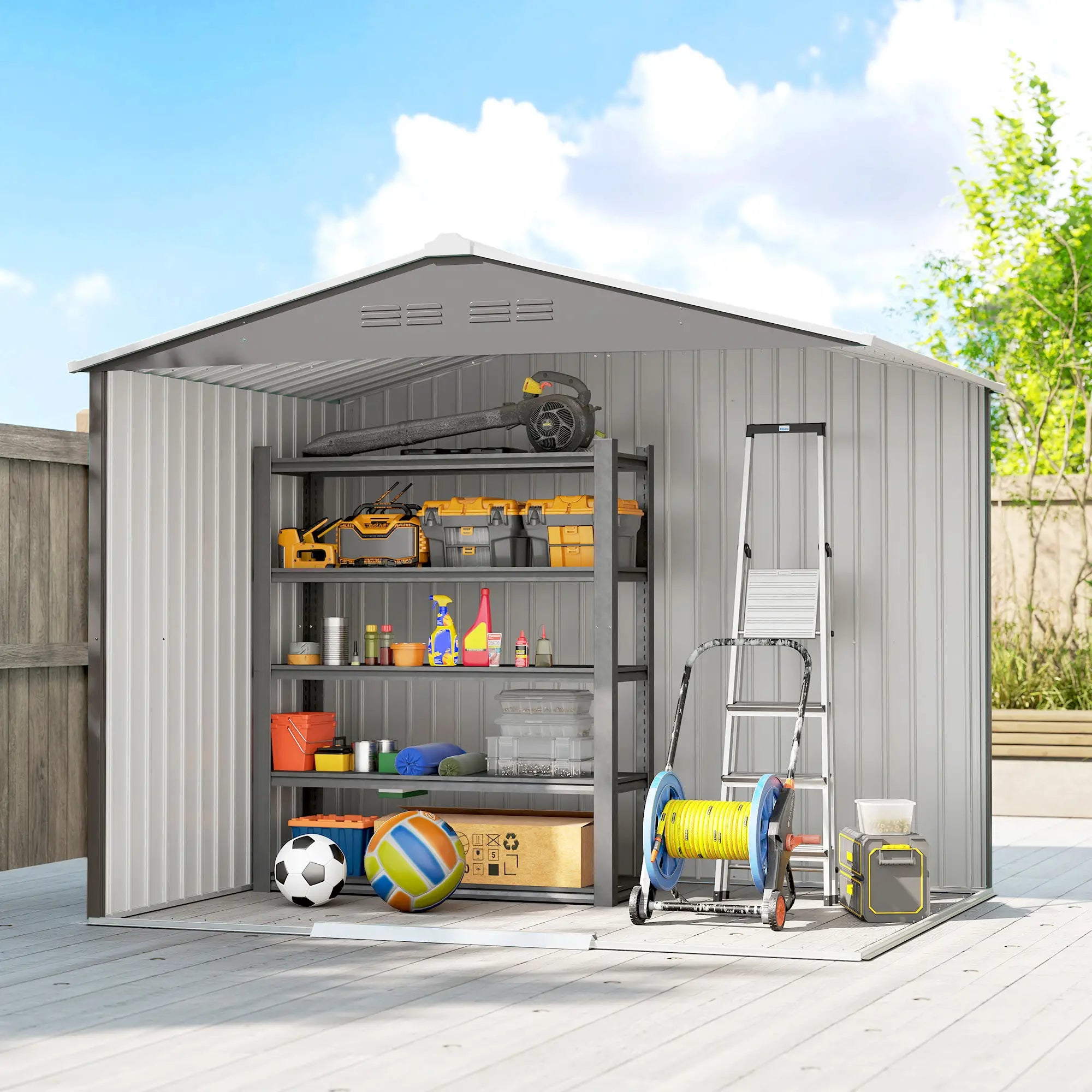 8 x 6ft Galvanised Steel Garden Shed with Lockable Double Sliding Doors – Large Outdoor Metal Storage, Ventilated, Weather & Rust Resistant, Light Grey