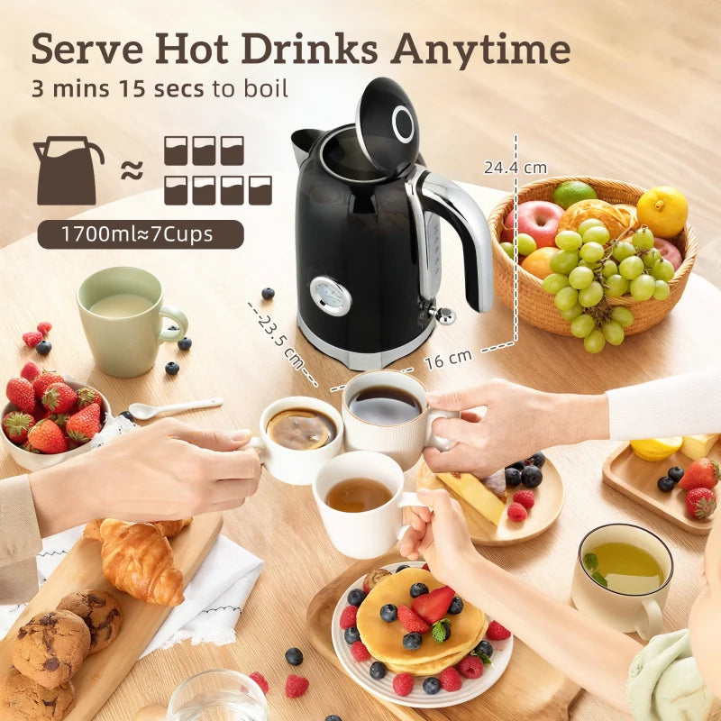 Retro 3000W Black Kettle and Toaster Set - Stylish Kitchen Appliances for Modern Homes