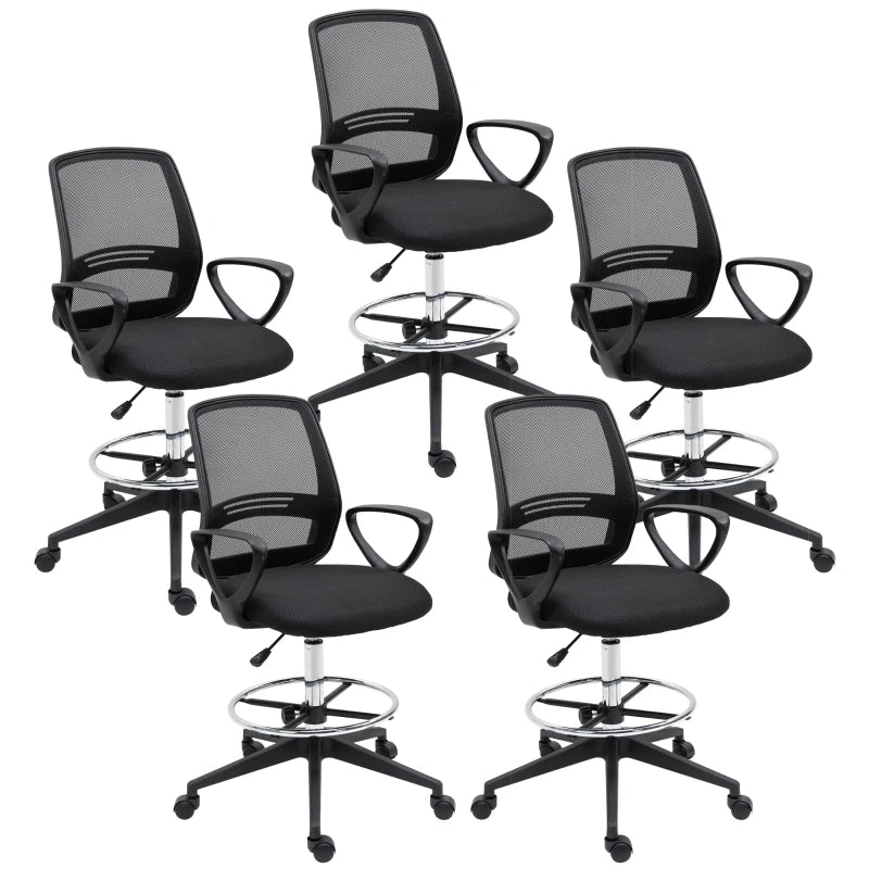 Vinsetto Ergonomic Mesh Drafting Chair - Adjustable Height, Footrest, 360° Swivel, Set of 5 - Tall Office Seating