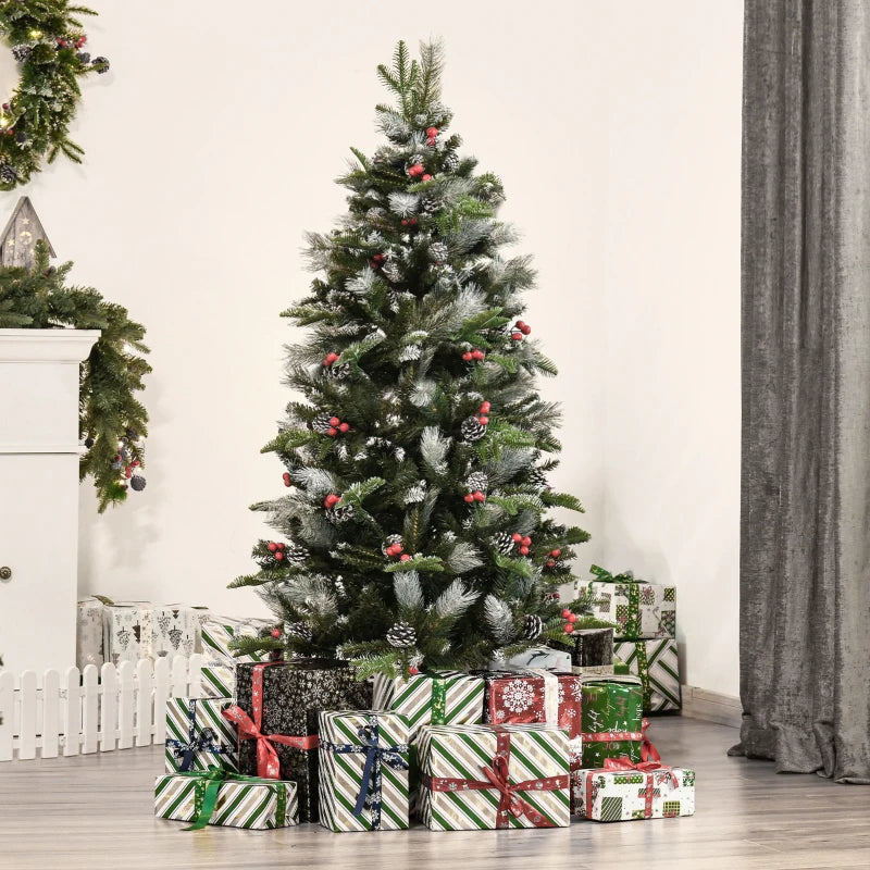 5FT Snow Dipped Christmas Pencil Tree with Red Berries & White Pinecones - Foldable Holiday Decoration for Home Parties