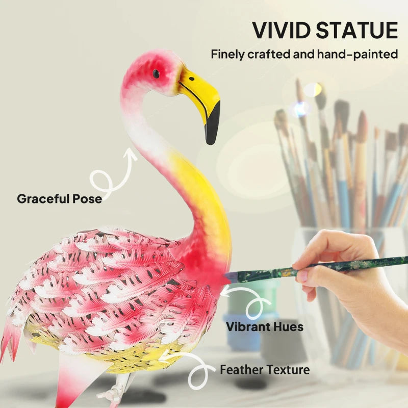 Pink Flamingo Garden Statue - Metal Bird Art Outdoor Sculpture with Ground Stakes for Decoration