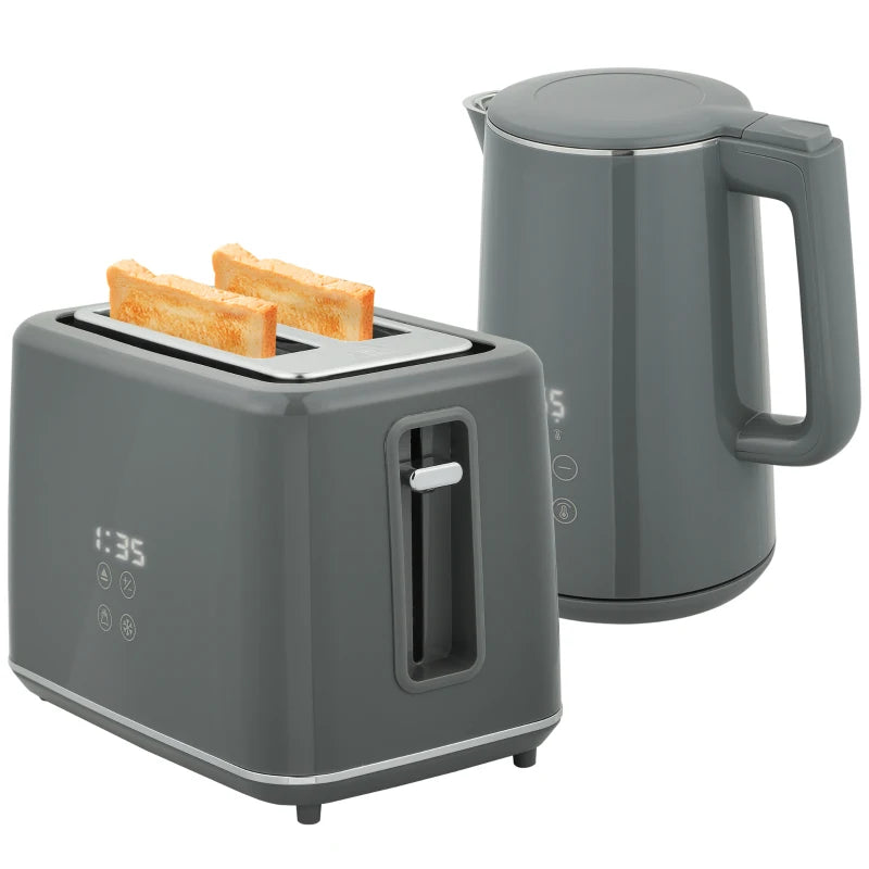 Digital Stainless Steel Kettle & Toaster Set - 1.5L Fast Boil 3000W Kettle, 2 Slice Toaster with 7 Browning Levels, Grey