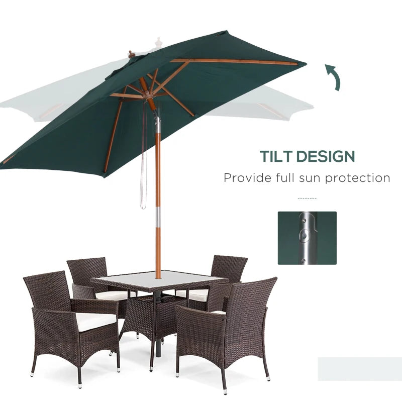 Green Tilting Garden Parasol Umbrella with Wood and Bamboo Frame