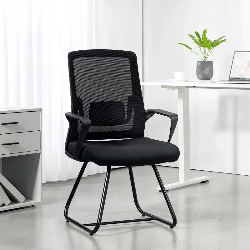 Ergonomic Desk Chair No Wheels - Mesh Back Office Chair with Lumbar Support & Metal Base for Waiting & Conference Rooms - Black