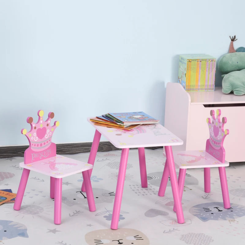 3-Piece Kids Table and Chair Set - Princess & Crown Theme - Pink Home Furniture Gift for Ages 2-4