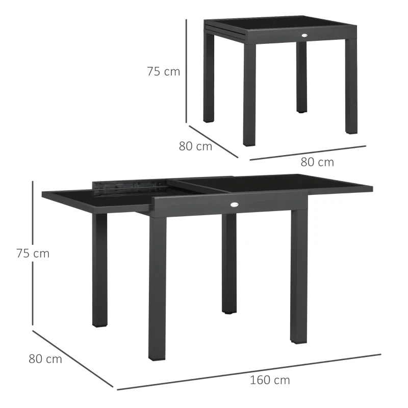 Black Extendable Outdoor Dining Table, Aluminium Frame, Tempered Glass, 80/160 x 80 x 75 cm