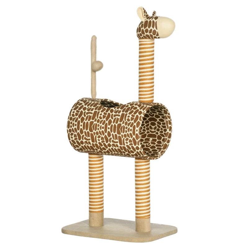 Unique Giraffe-Designed Cat Tree with Scratching Posts, Cat Tunnel & Toy Ball - Beige for Playful Cats