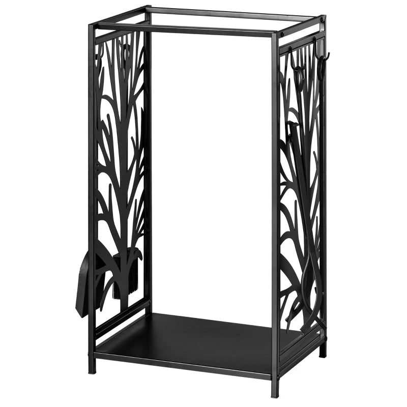 Steel Firewood Log Holder Rack with Tools - Indoor Outdoor Fireplace Wood Storage, Rust-Resistant, Tree Pattern, 46W x 30D x 70H cm
