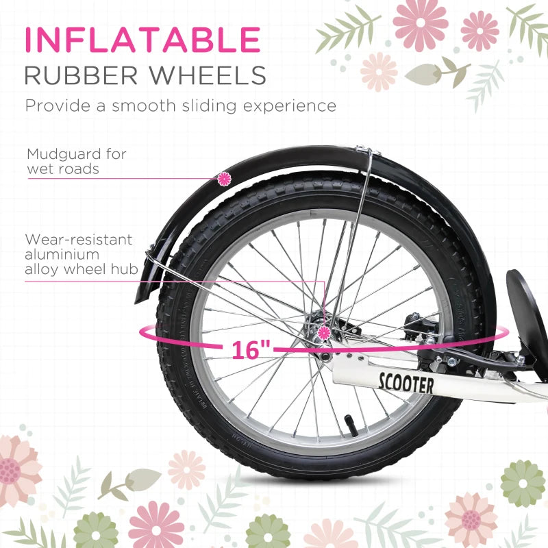 Kids Kick Stunt Scooter with Adjustable Handlebar, Dual Brakes, Basket & Cupholder, 16" Inflatable Wheels, Pink for Ages 5-12