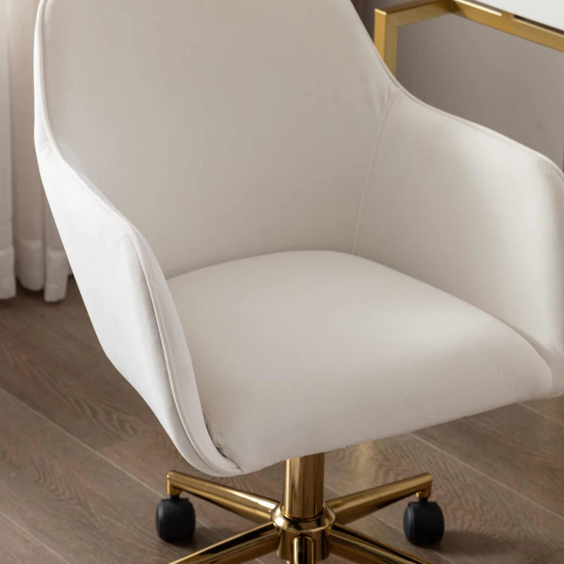 Ivory Velvet Adjustable Height Swivel Executive Office Chair with Gold Legs & Ergonomic Backrest - 58x58x86 cm