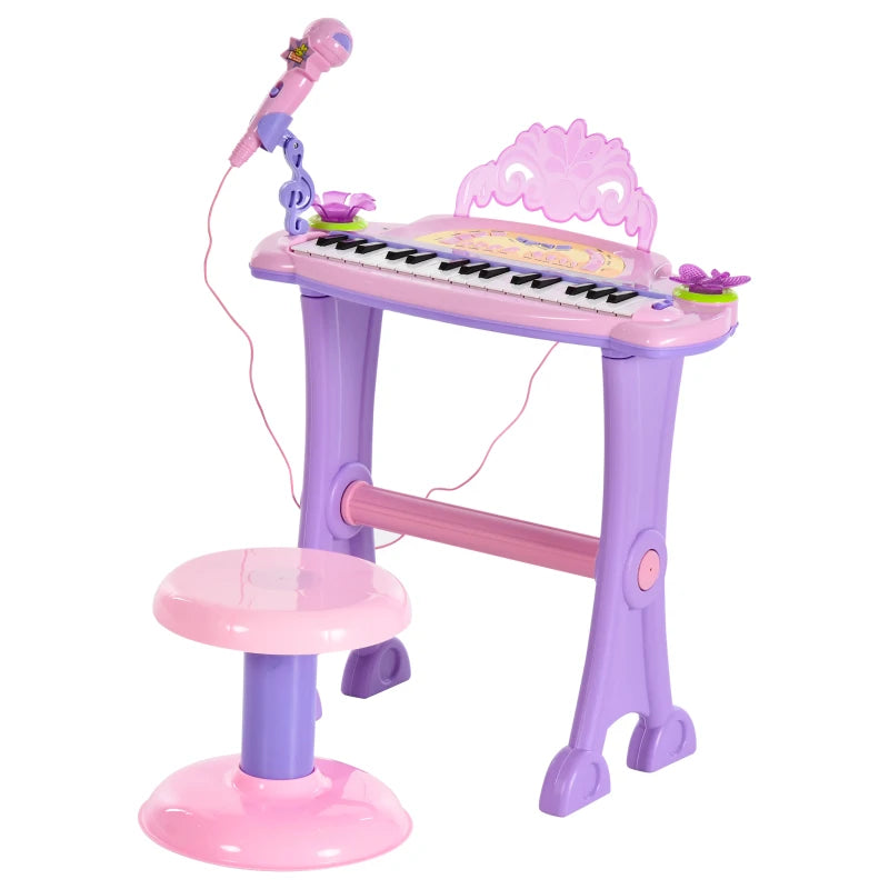 32 Keys Kids Mini Electronic Keyboard - Educational Musical Instrument Toy with Stool & Microphone for Children - Grand Piano Style