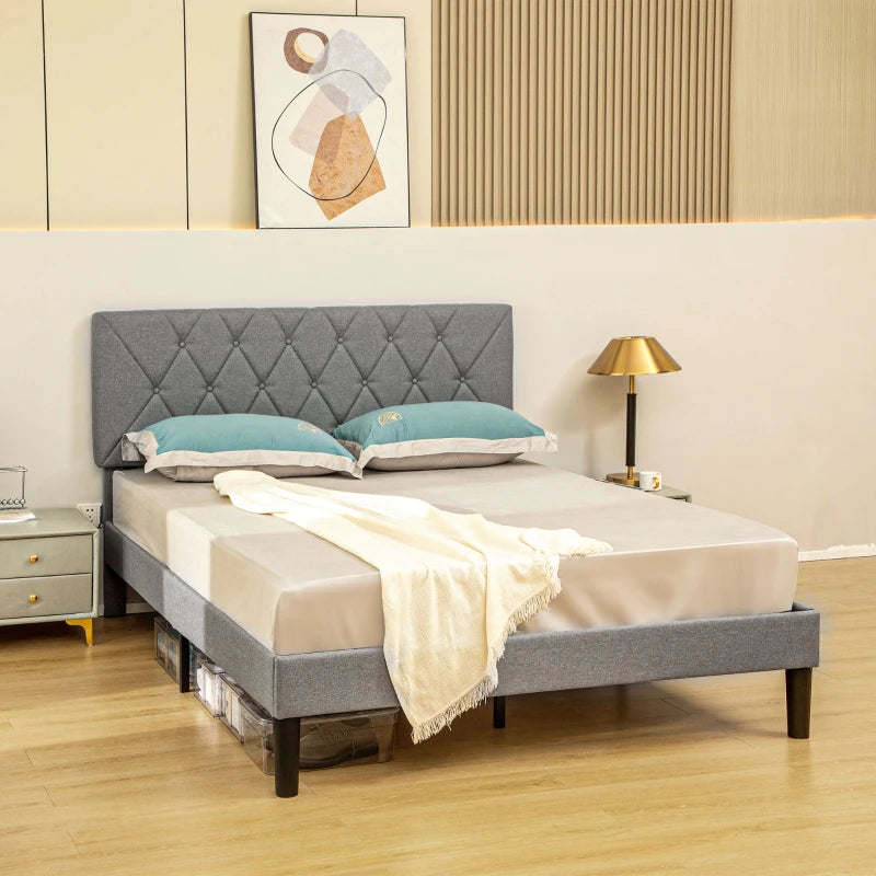 Adjustable Linen Upholstered Double Bed Frame with Stylish Headboard in Grey 145x196x120cm
