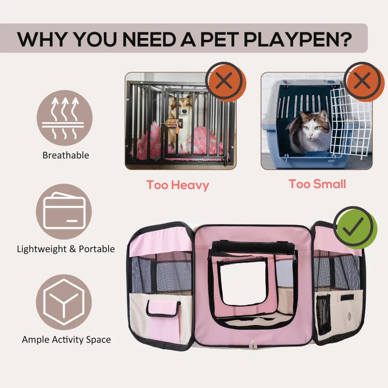 Portable Cat Dog Playpen - Indoor Outdoor Pet Pen for Puppies, Rabbits & Guinea Pigs - 90cm Dia x 41cm H - Pink