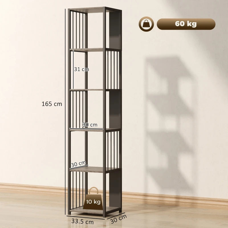 5-Tier Grey Bookshelf with Durable Steel Frame - Modern Storage Solution for Home or Office