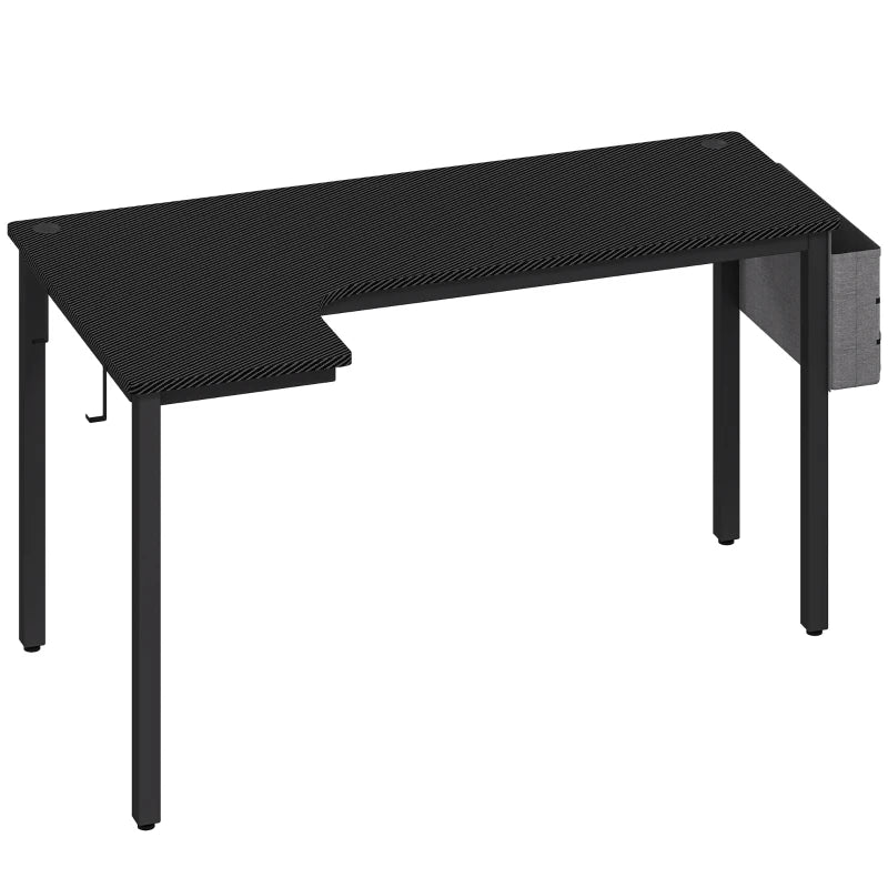 L-Shaped Gaming Desk with Fabric Bag, Hooks & Cable Management - 145x81x76cm - Stylish Black Computer Desk