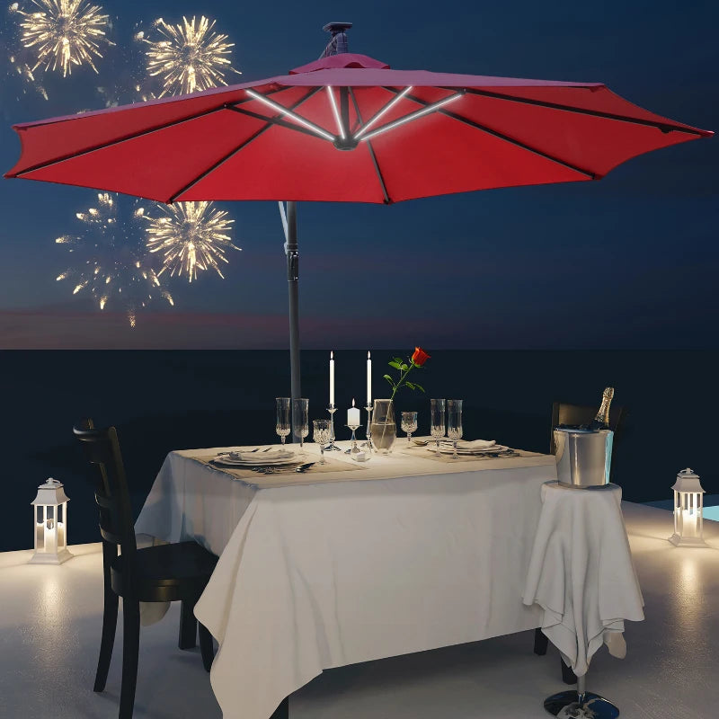 LED Solar Umbrella Parasol - Wine Red, 2.95x2.45m