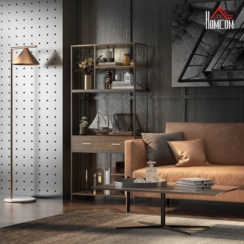 Industrial Seven-Shelf Display Shelf with Drawers - Stylish Brown and Black Storage Solution for Home or Office