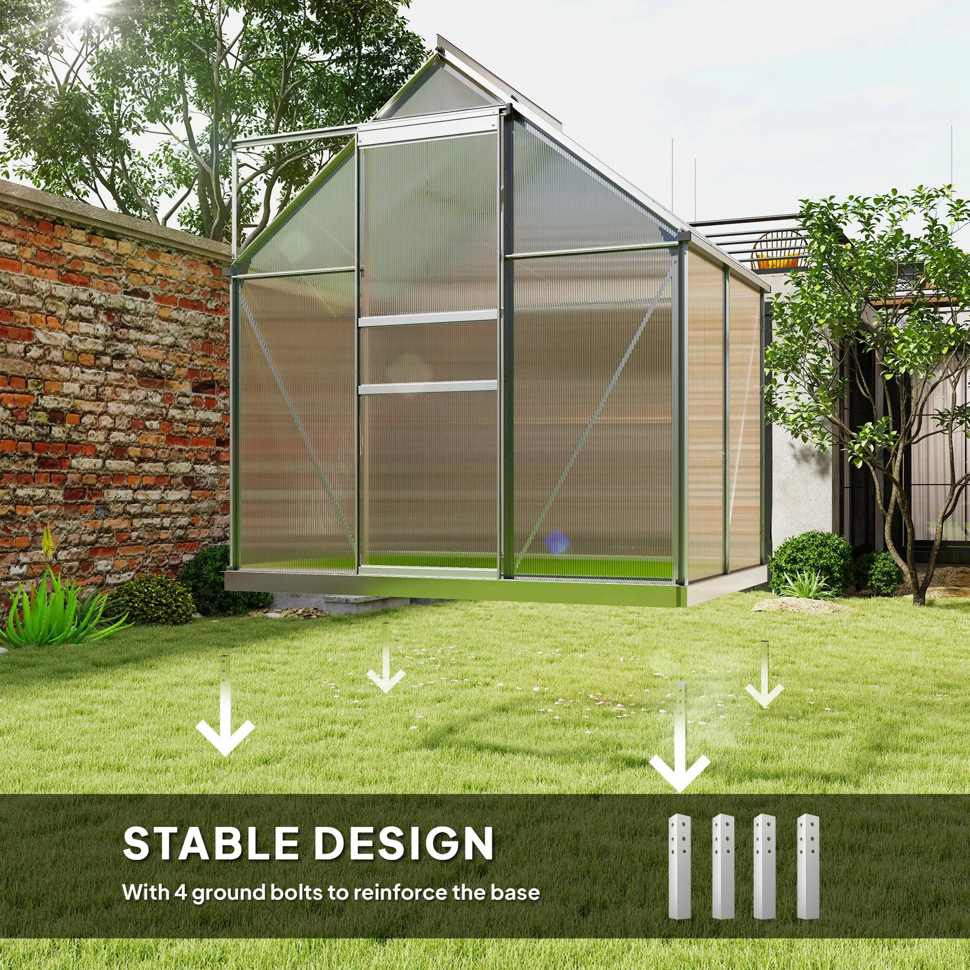 192.5cm x 131cm Walk-In Polycarbonate Greenhouse - Silver-Tone With Window hatch