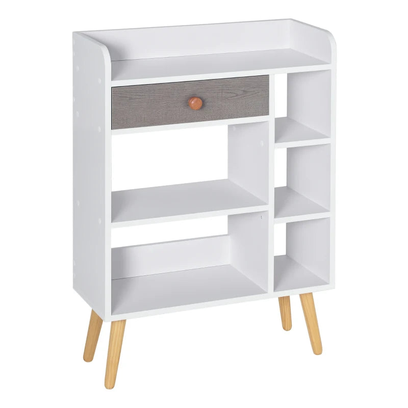 Freestanding Bookcase with Storage Drawer - 6 Shelves, Wood Legs, White & Grey - Home Office Display, 24D x 60W x 86.8H cm