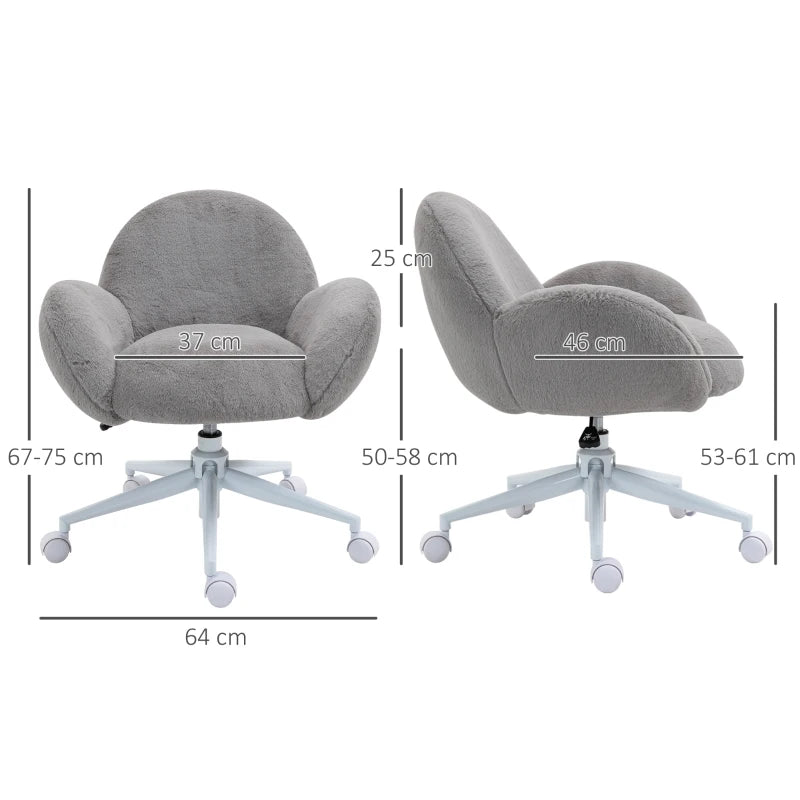 Cute Fluffy Makeup Vanity Chair with Rolling Wheels - Stylish Grey Desk Chair for Bedroom & Living Room