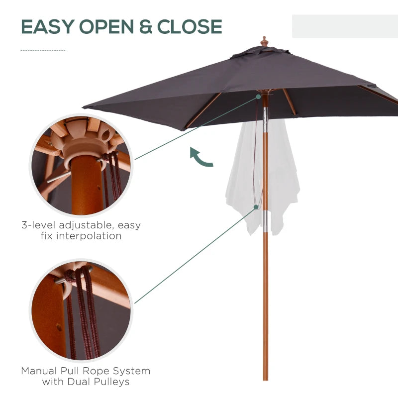 Grey 2m x 1.5m Tilting Garden Parasol Umbrella with Wood and Bamboo Frame