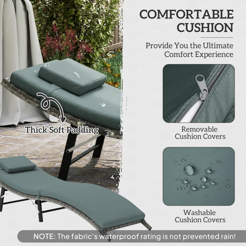 Rattan Folding Sun Lounger Outdoor Chair with Cushion and Pillow in Mixed Grey