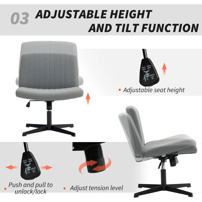Armless Grey Office Chair - Linen Fabric, Criss Cross Legs, Wide Seat, Thick Padding, Adjustable Height, No Wheels