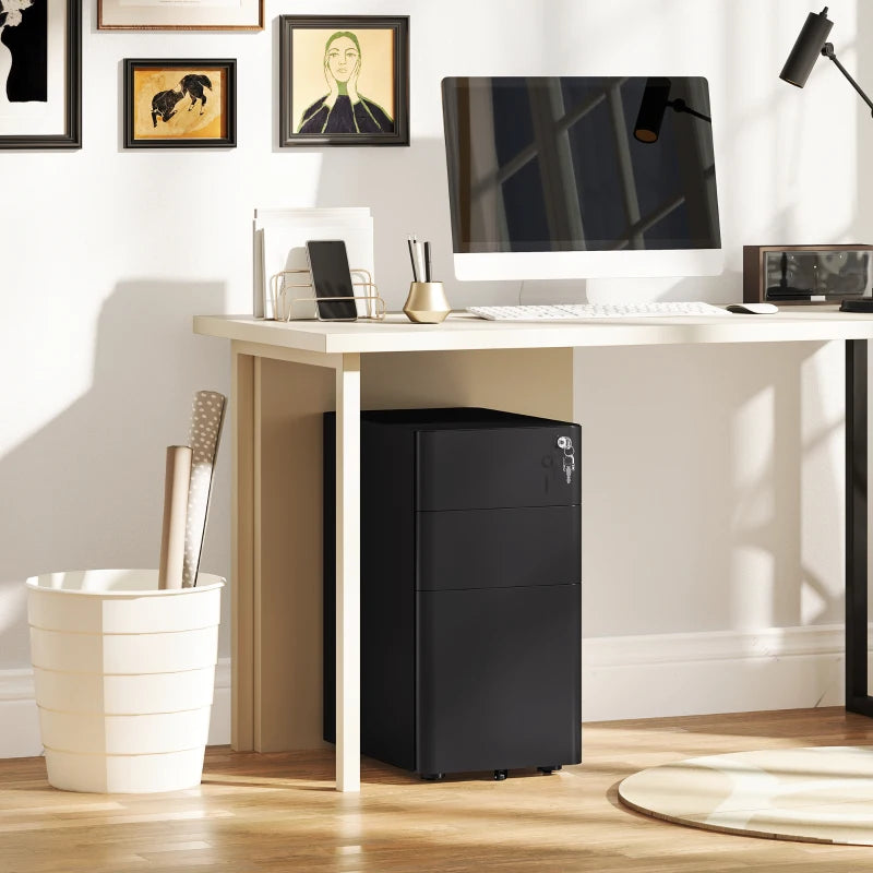 Vinsetto Black 3-Drawer Steel Filing Cabinet with Lock - Secure Storage Solution for Home or Office