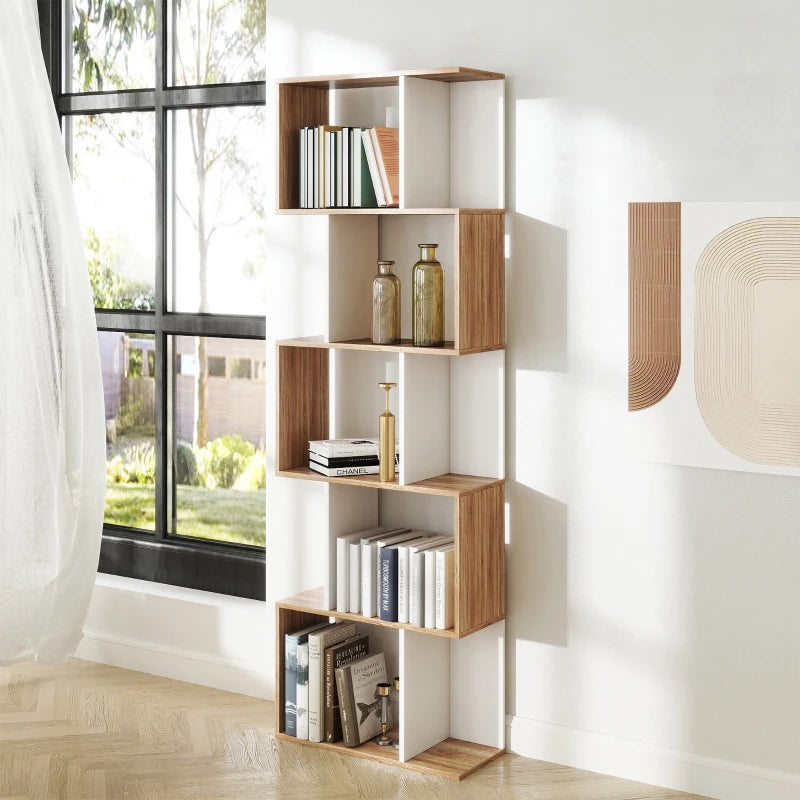 S-Shaped Wooden Bookcase - 5/6 Tier Freestanding Oak & White Bookshelf for Home Office Storage & Display, 24D x 60W x 184.5H