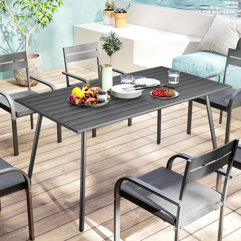 Outdoor Rectangle Garden Table for 6 - Slat Top, Steel Frame, 150x80 cm, Grey