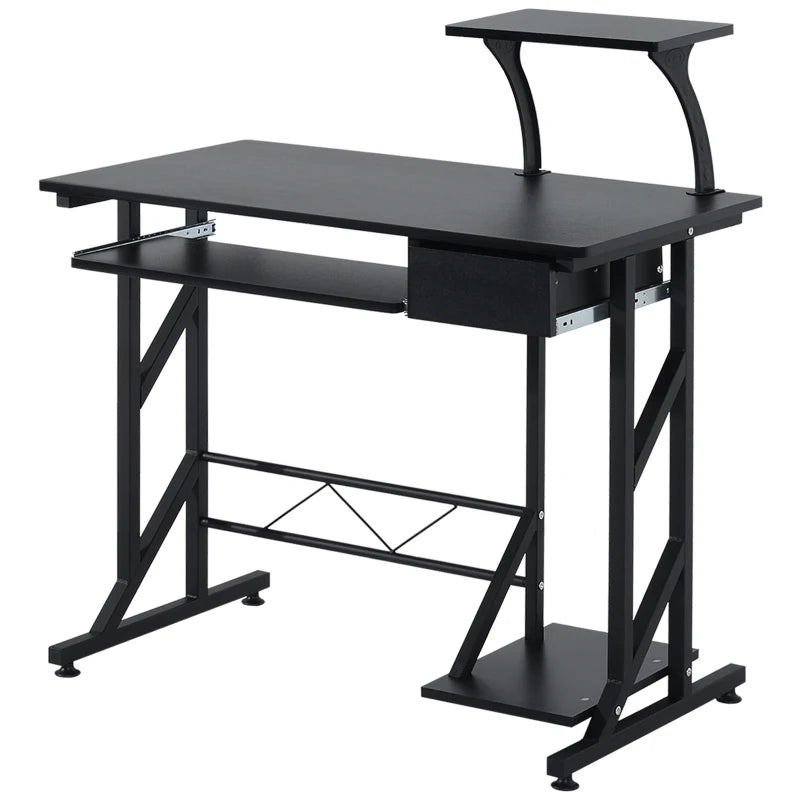 Modern Black Computer Desk with Display Stand, Sliding Keyboard Tray, and Host Box Shelf for Home Office Workstation