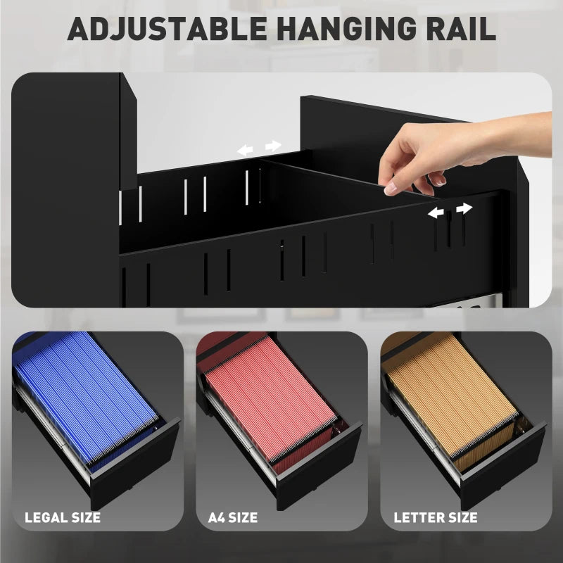 Vinsetto Black 3-Drawer Steel Filing Cabinet with Lock & Wheels - Secure Storage Solution for Home & Office