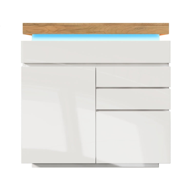 High-Gloss White Chest of Drawers with LED Lighting - 2 Doors & 3 Drawers Sideboard Cabinet, 110x39x115 cm