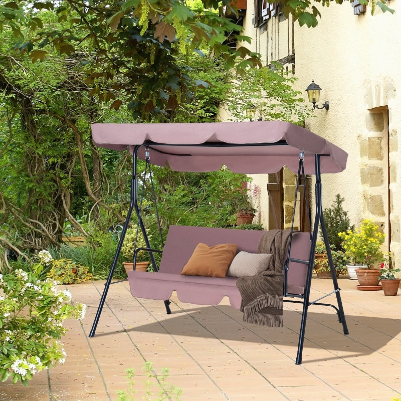 Brown 3-Seater Canopy Swing Chair with Top Roof - Heavy Duty Metal Garden Rocking Bench