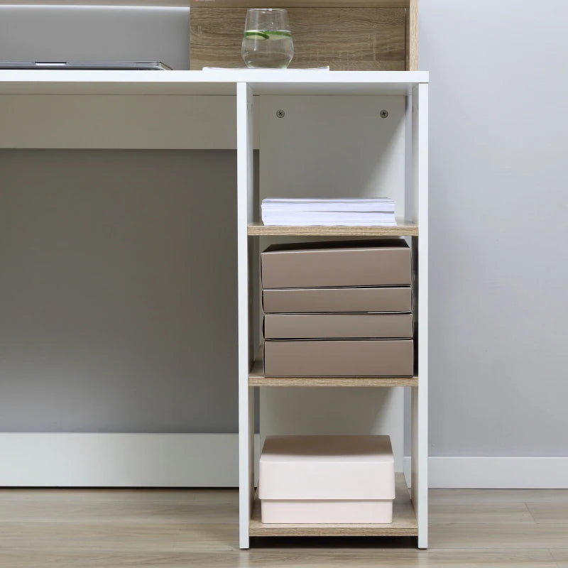 Large Oak Computer Desk with Drawers & Storage Shelves - Office Writing Table & Printer Stand for Home Office, 137x55x92cm