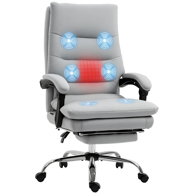 Vinsetto Ergonomic Office Chair with Footrest, 6-Point Massage & Heating, Double Padding, 135° Recline, Grey Microfibre