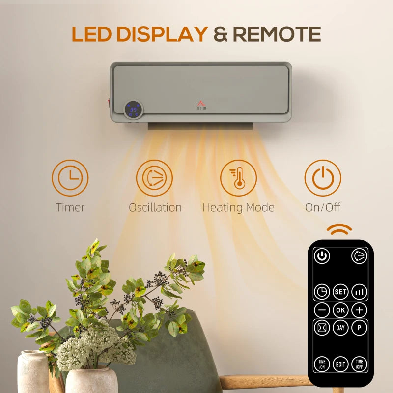 Electric Wall Downflow Heater 2000W with Timer and Remote Control Oscillating Fan for Bedroom and Home Office Grey