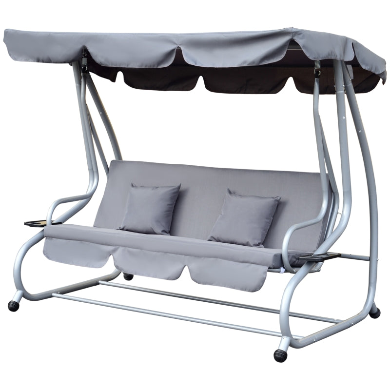 Grey 3 Seater Convertible Garden Swing Bed with Canopy and Cushions