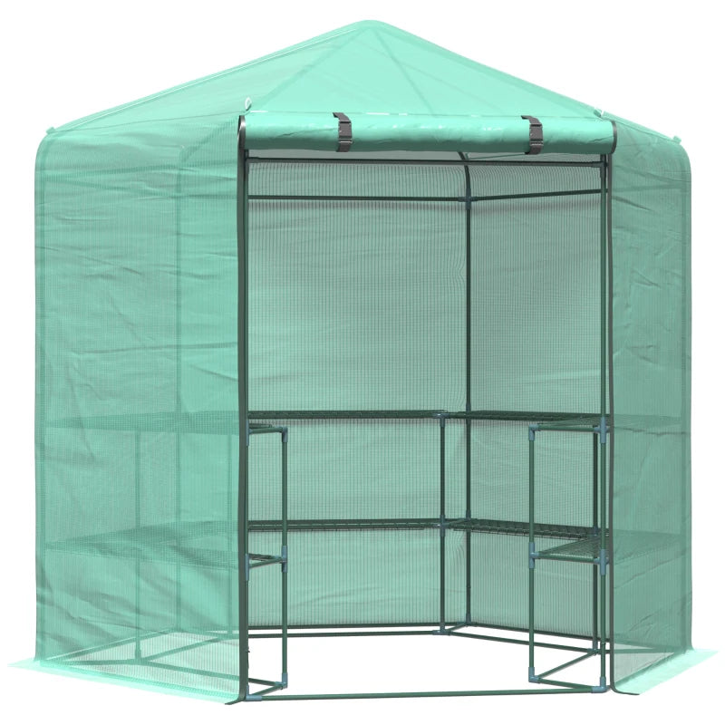 Hexagon Outdoor Greenhouse with Shelves, Waterproof Cover, Green