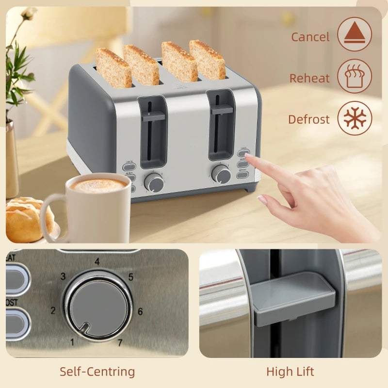 Stainless Steel Kettle & Toaster Set - 1.7L Rapid Boil Kettle with Strix Thermostat & 4-Slice Toaster, Grey/Silver