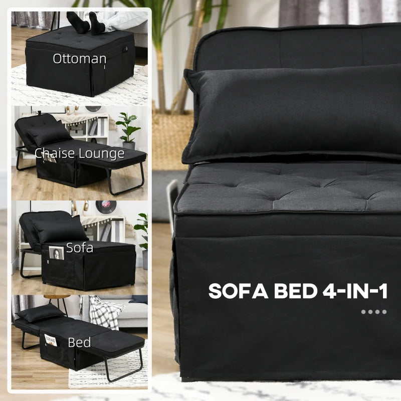 Folding Fabric Sleeper Chair Bed with Adjustable Backrest and Side Pockets for Living Room, Black