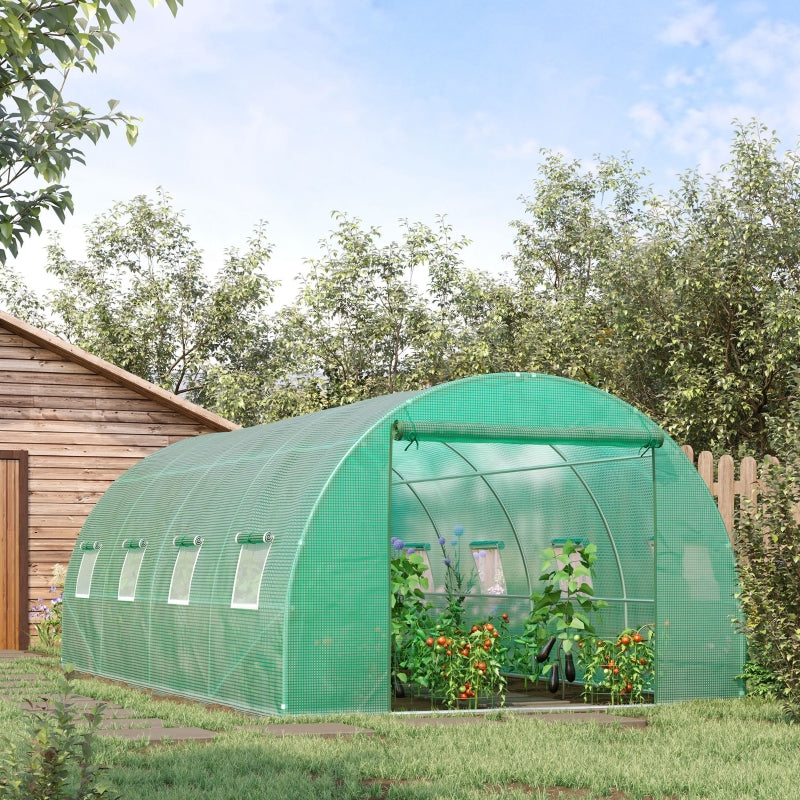 Green Walk-in Garden Tunnel Greenhouse, 6x3M, Roll-Up Door, 8 Windows